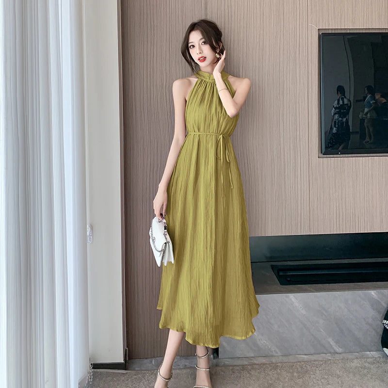 Elegant Party Beach Chiffon Bandage Midi Dresses for Women Summer New Sleeveless Neck-mounted Loose Casual Female Clothing