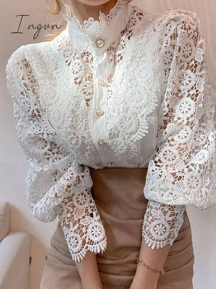 Ingvn - Elegant Women's Blouse Vintage Lace Spliced Long Sleeve Pink Button Up Woman Shirt Tops Fashion Casual Ladies Blouses Top