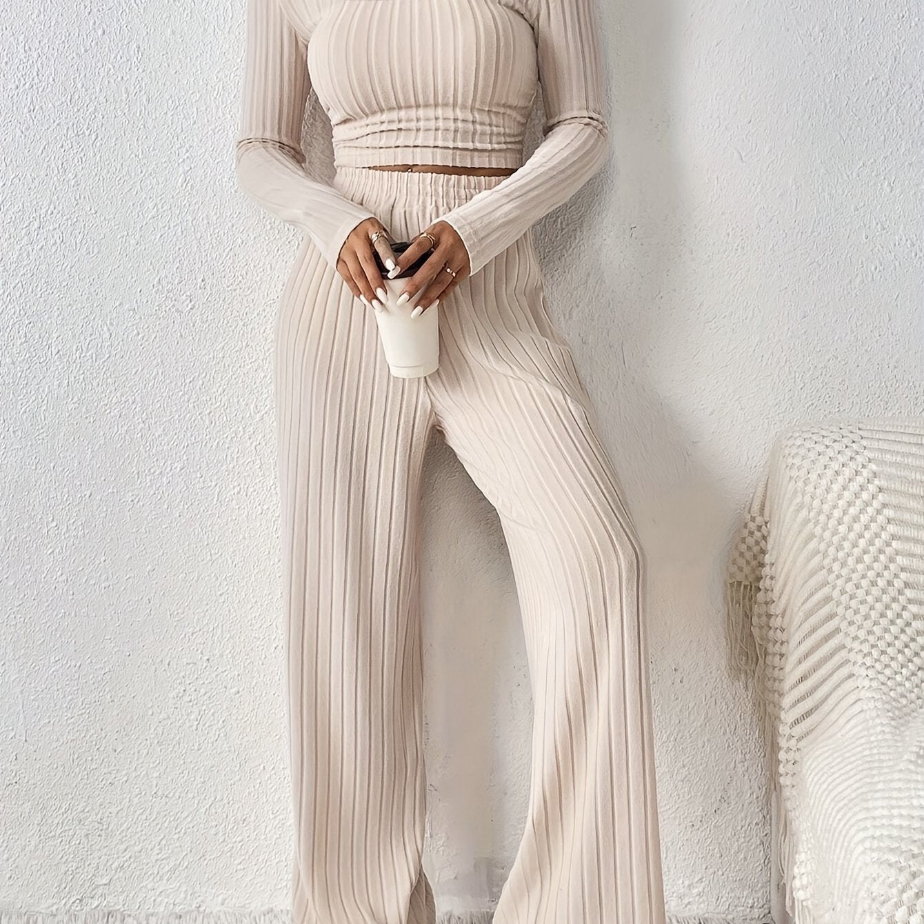 Women'S Fashion Set, Long Sleeve Round Neck Crop Top with Wide Leg Pants, Solid Color, Polyester Knit, Autumn/Winter Collection