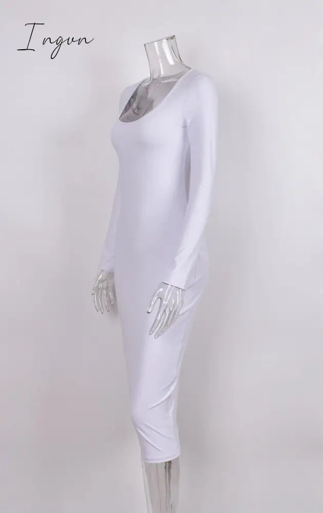 Ingvn - Summer New Personality Fashion Casual Commuting Women's Wear Round Low Collar Long Corset and Knee White Dress