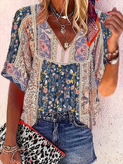 Vibrant Spring/Summer Women's Pleated V-Neck T-Shirt - Casual Short Sleeve, All-Over Print Top for Everyday Elegance