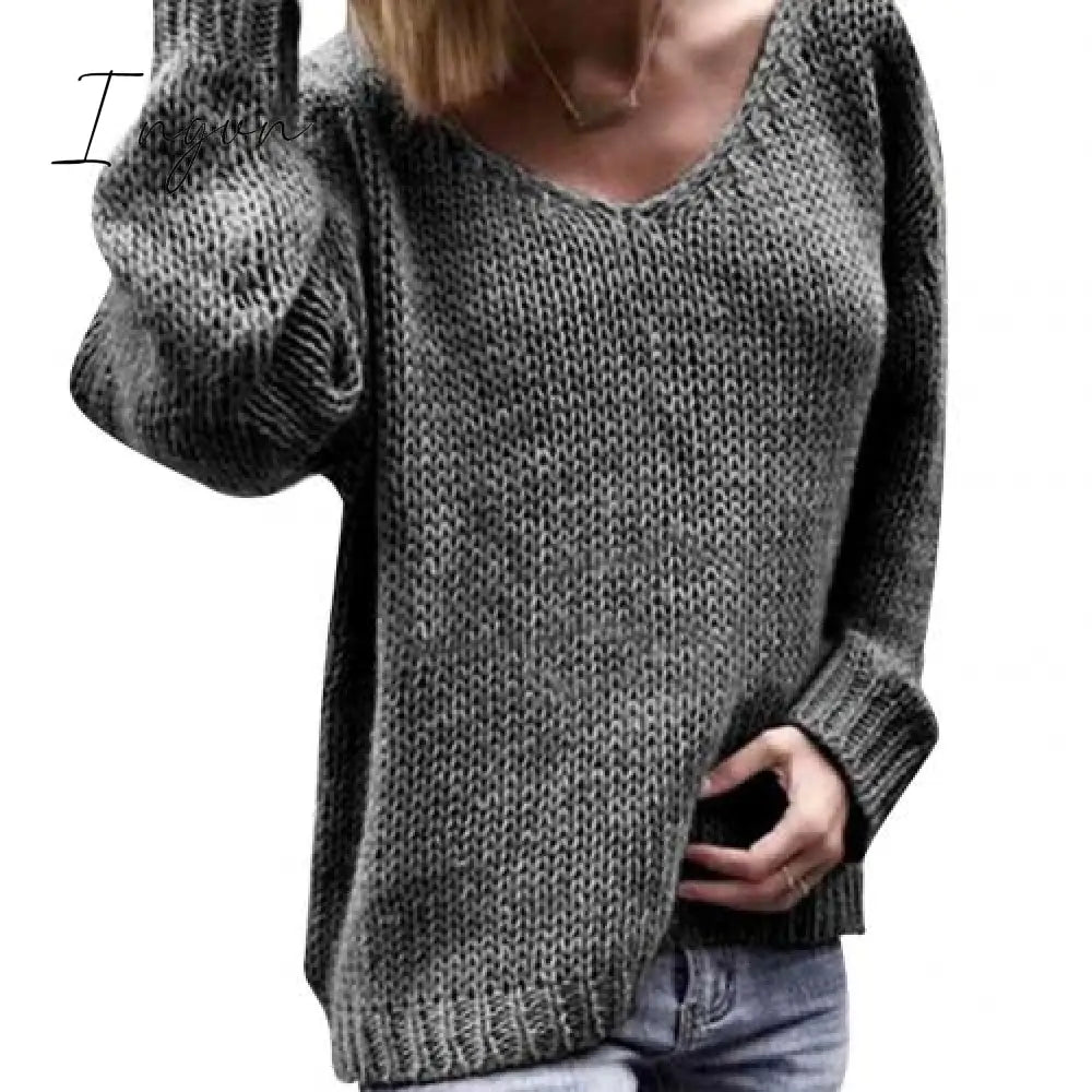 Ingvn - 2023 Casual Women Loose Solid Color Knitted Sweater V Neck Long Sleeve Top Women Clothing Pull Femme