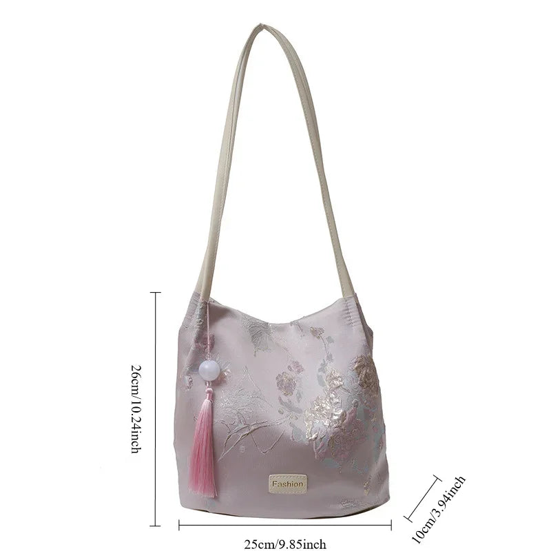 Ingvn  Floral Embroidery Bucket Handle BagWomen Hanfu Collocation Butterfly PU Strap Satin Shoulder Bag