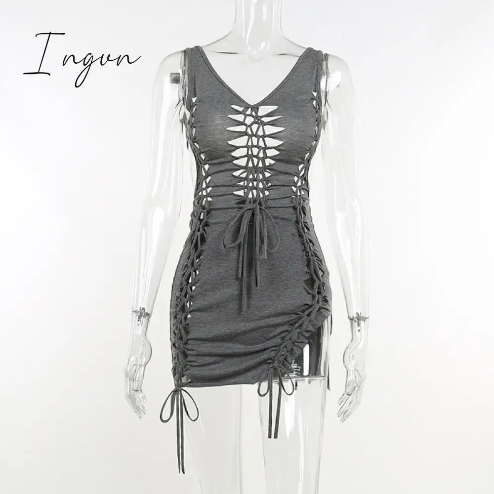 Ingvn - Dark Gray Hollow Out Mini Dress Sexy Drawstring Bandage Backless Summer Dresses for Women 2023 Birthday Party Clubwear