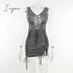 Ingvn - Dark Gray Hollow Out Mini Dress Sexy Drawstring Bandage Backless Summer Dresses for Women 2023 Birthday Party Clubwear