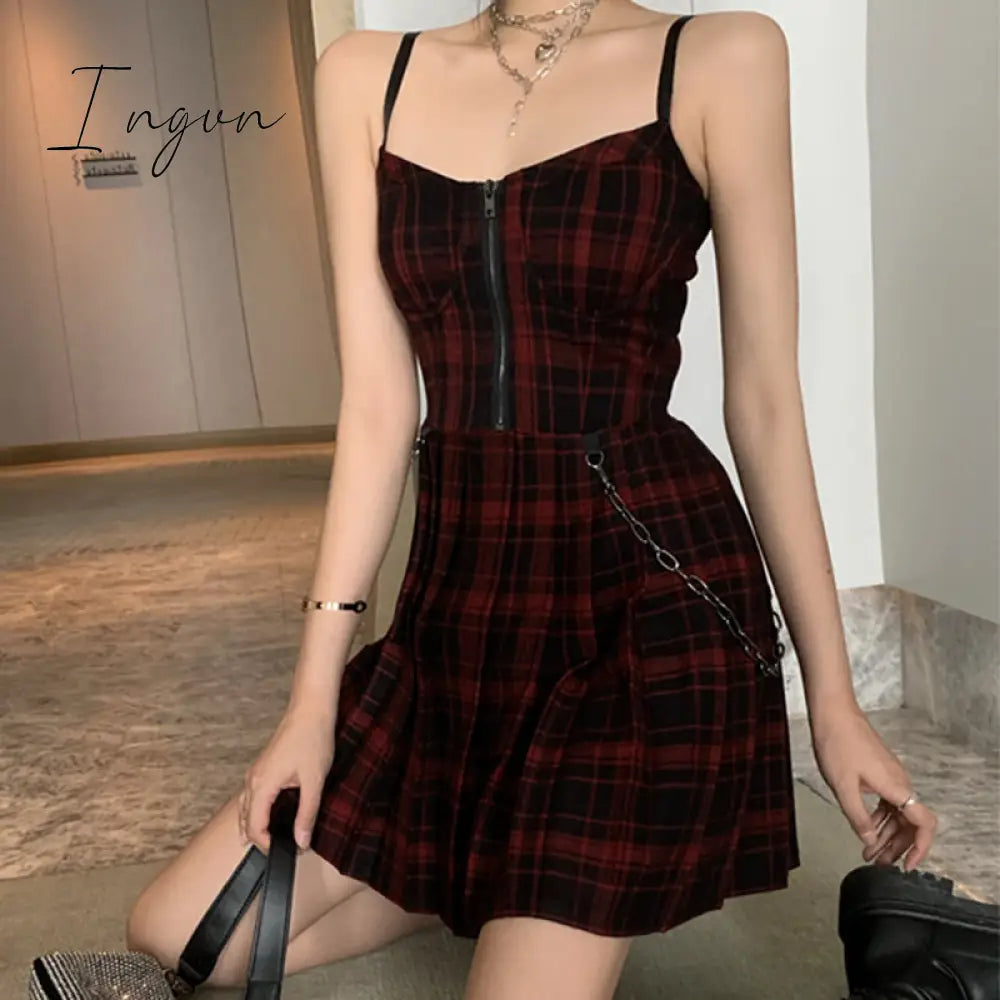 Ingvn - Gothic Girls Plaid Pleated Punk Dress Preppy Style Red Black Spaghetti Strap Sexy Sleeveless Mini Short Dresses Goth Streetwear