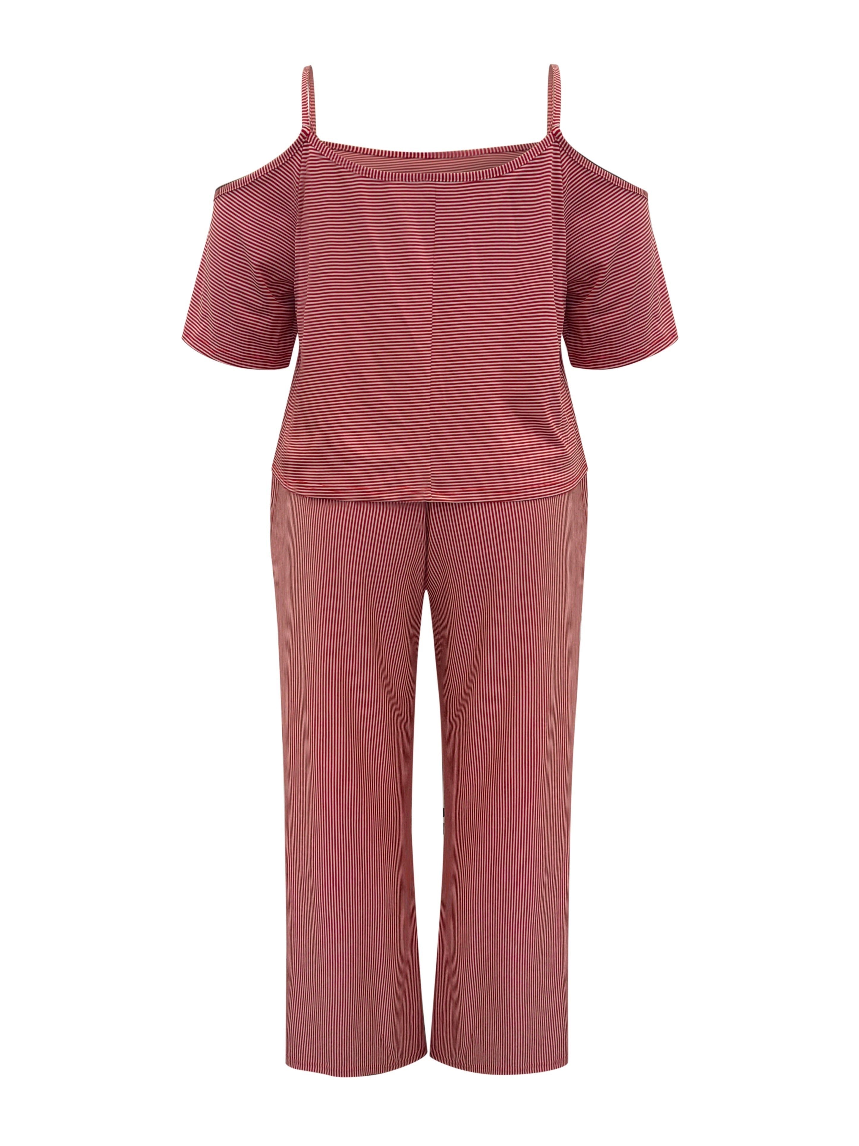 Plus Size Casual Outfits Two Piece Set, Women's Plus Stripe Print Cold Shoulder Top & Wide Leg Pants With Pockets Outfits 2 Piece Set