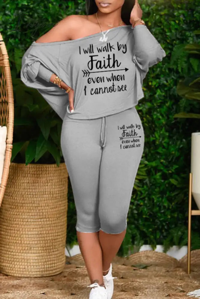 Ingvn - Pink Plus Size Casual Letter Patchwork Draw String Printing One Shoulder Plus Size Two Pieces