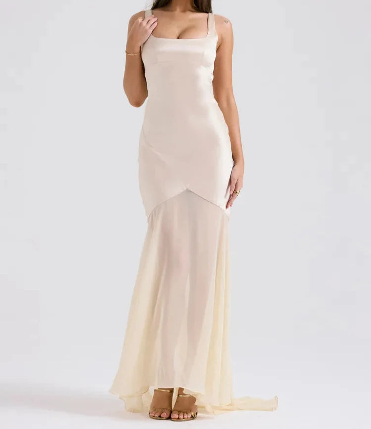 Elegant Women Spring High Chiffon Splicing Dress Slim Backband Wrapped Hip Forged Face Dress Elegant Floor Evening Dress