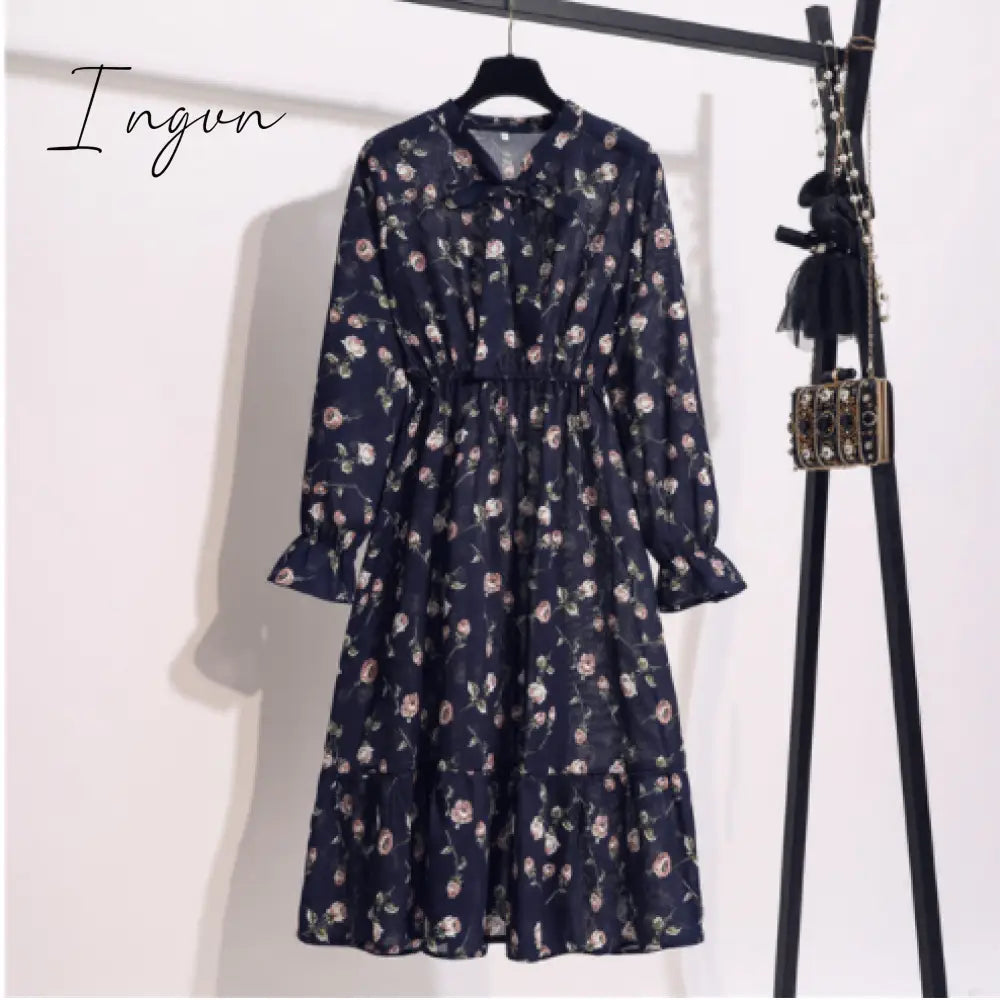 Ingvn - 11 Style Beautiful Fashion Summer Women Long Sleeve Dress Retro Collar Casual High Waist Dresses Floral Print Chiffon Clothing
