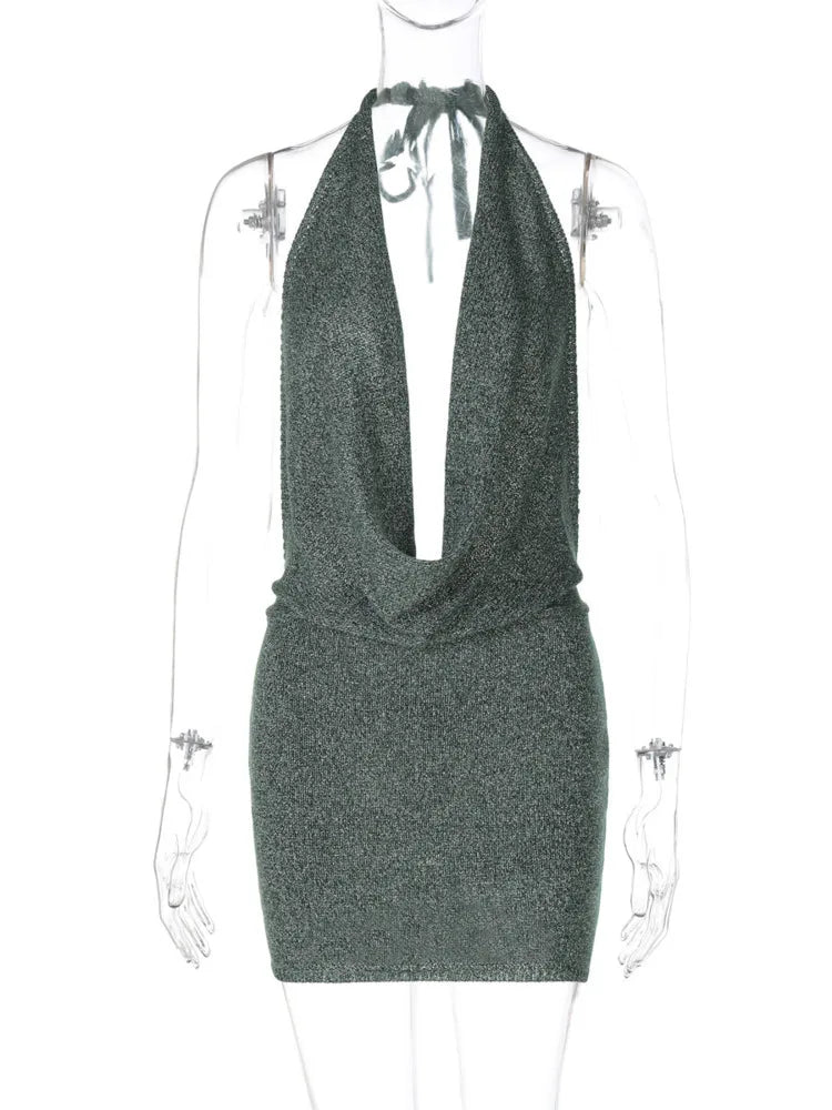 Halter Deep V Neck Sexy Mini Dress For Women Robe Fashion Sleeveless Backless Bodycon Club Dress Elegant Vestido