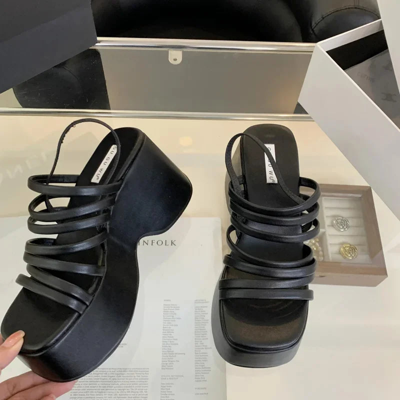 Ingvn  Silver Wedge Sandals Women Platform Shoes Black Belt High Heels Gladiator Chunky Heeled  Summer Wedges Zapatos De Mujer