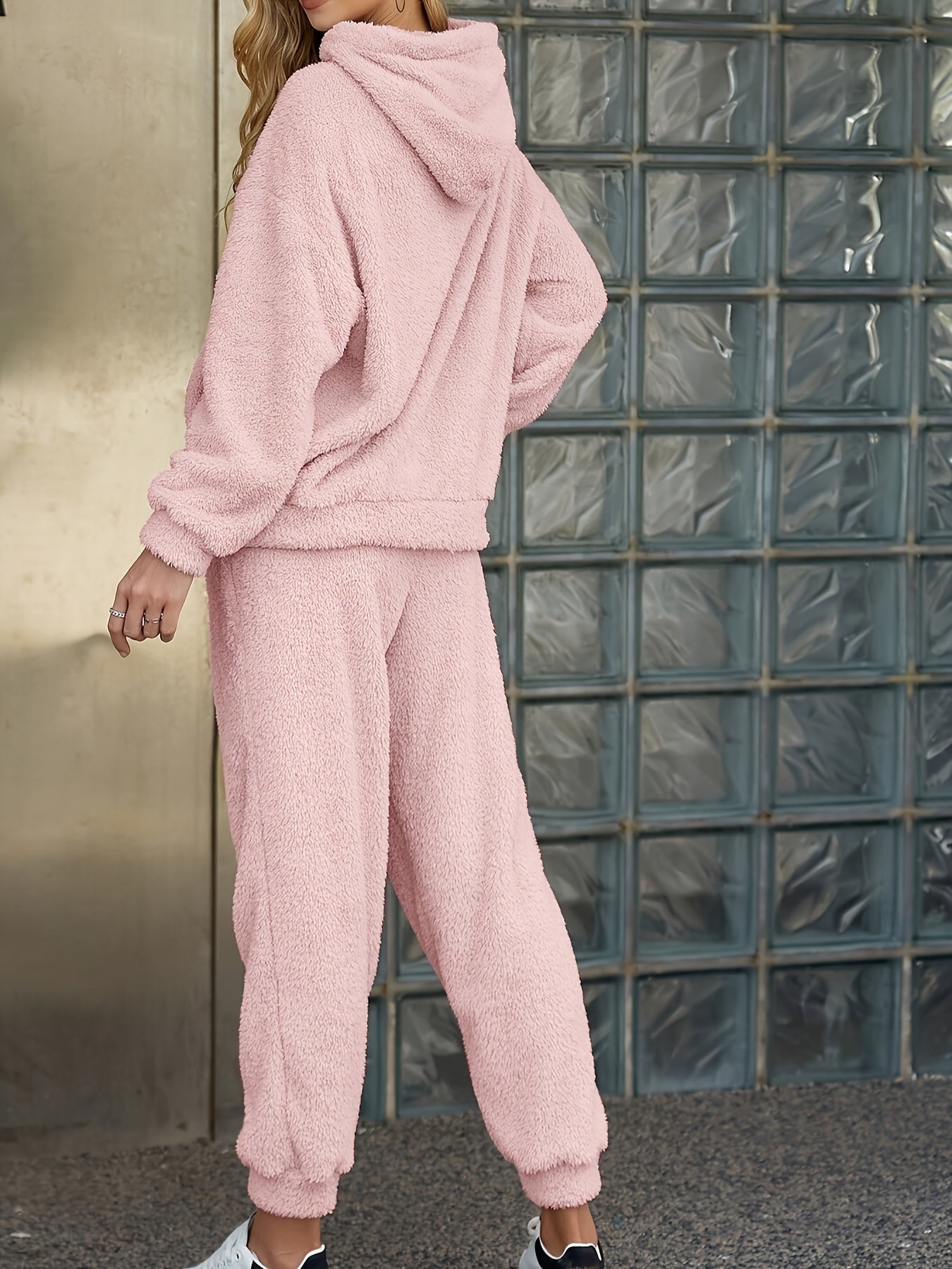 Solid Teddy Two-piece Set, Long Sleeve Kangaroo Pocket Hooded Tops & Long Length Warm Pants Outfits, Women's Clothing