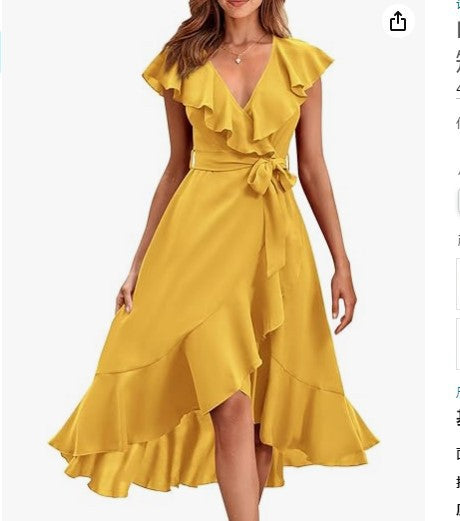new V-neck short sleeve ruffled long temperament lace-up dress