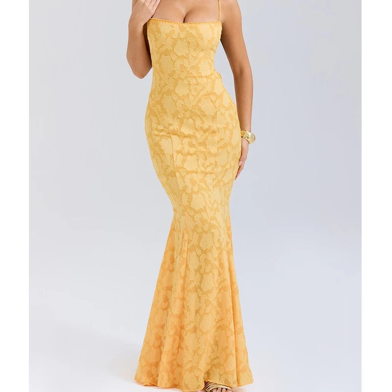 Sexy Backless Bandage Long Fishtail Dress For Women Elegant Wedding Guests Party Evening Gowns Dresses Maxi Robe Yellow