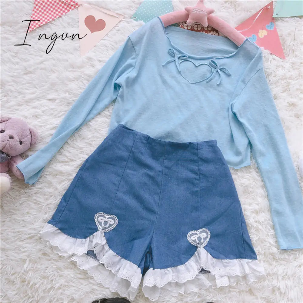 Ingvn - Summer Outfits Trends Cute Lolita Girls Denim Shorts Japanese Sweet High Waist Lace Irregular Women's Shorts S-4XL Summer Kawaii Sexy Blue Shorts