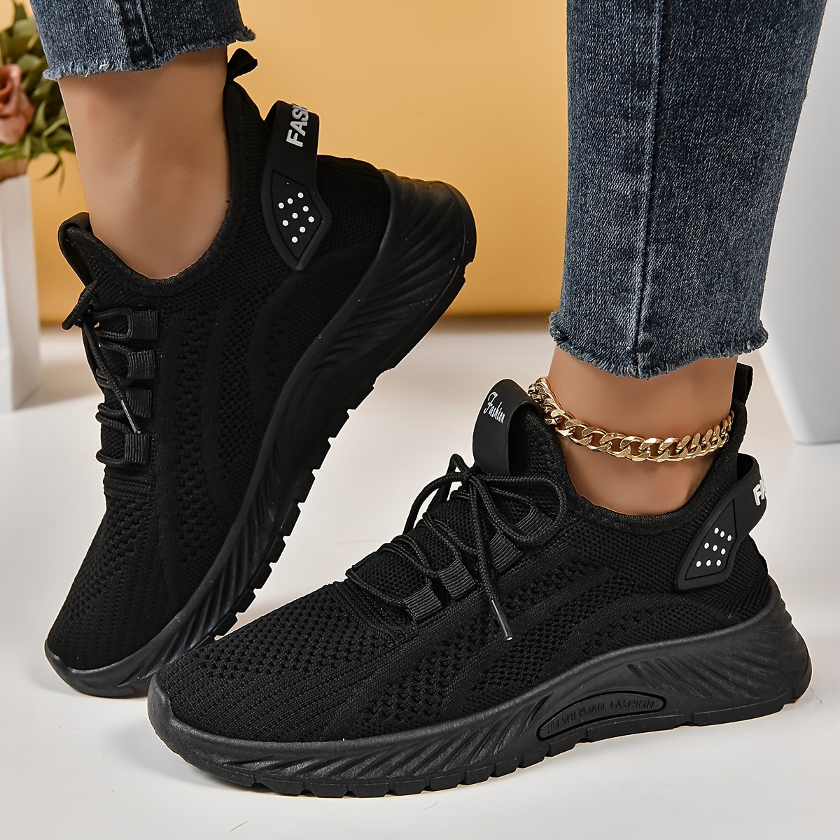 Women's Knitted Sports Shoes, Lightweight Lace Up Low Top Running & Tennis Sneakers, Breathable Gym Trainers for Holiday  Plus Size