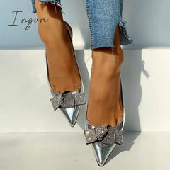 Ingvn - Pointed Toe Studded Bowknot Slingback Thin Heels