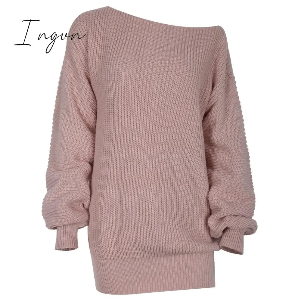 Ingvn - The hottest ladies casual off-shoulder lantern sleeve knitted sweater dress