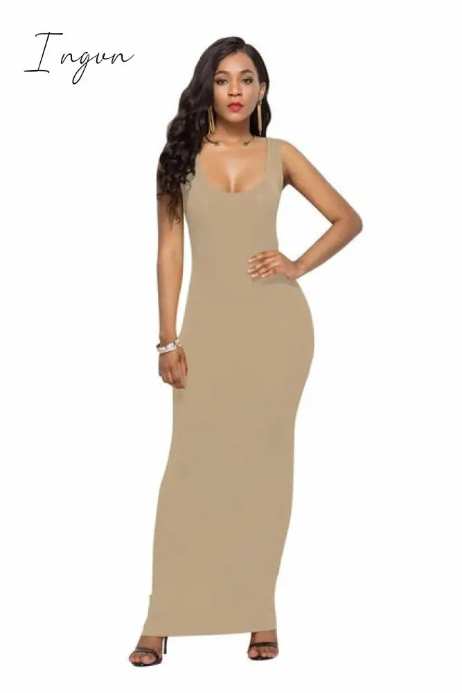 Ingvn - High Stretch Tank Robe Spring Summer Thin Long Dress Vestidos Elegant Women Sexy Dress O-neck Sleeveless Slim Maxi Dress