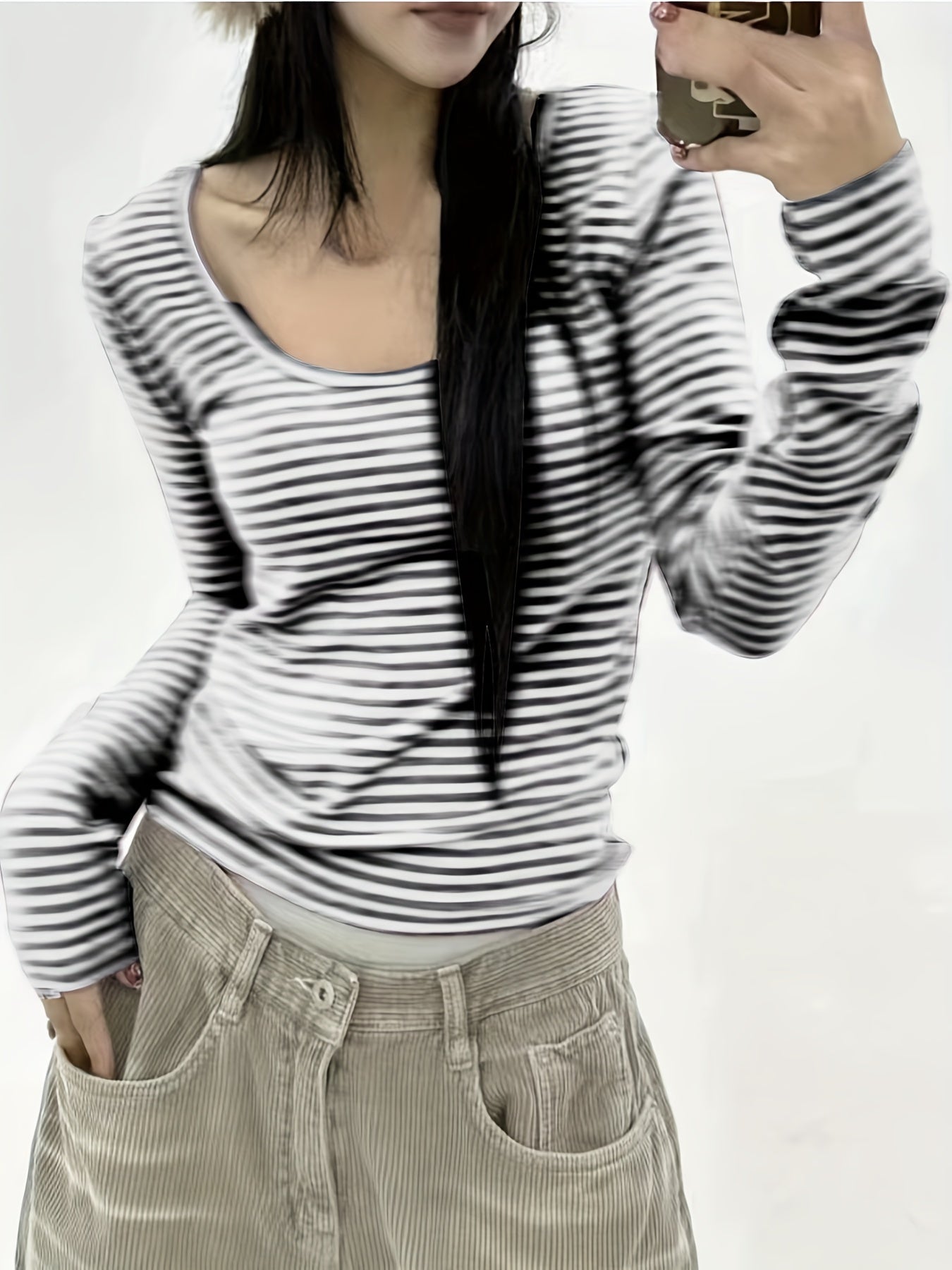Cozy Striped Long Sleeve Crew Neck T-Shirt - Soft, Breathable, and Stylish for Spring & Fall - Women's Casual Wear for Everyday Comfort