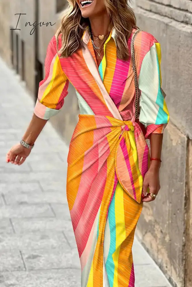 Ingvn - Fashion Print Patchwork Turndown Collar Shirt Dress Dresses(9 colors)