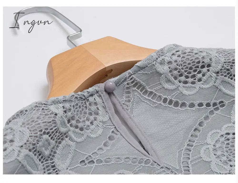 Ingvn - Autumn and Winter Plus Velvet Lace Bottoming Shirt Women's Long Sleeve Hollow Korean Round Neck Slim Warm Mesh Shirt