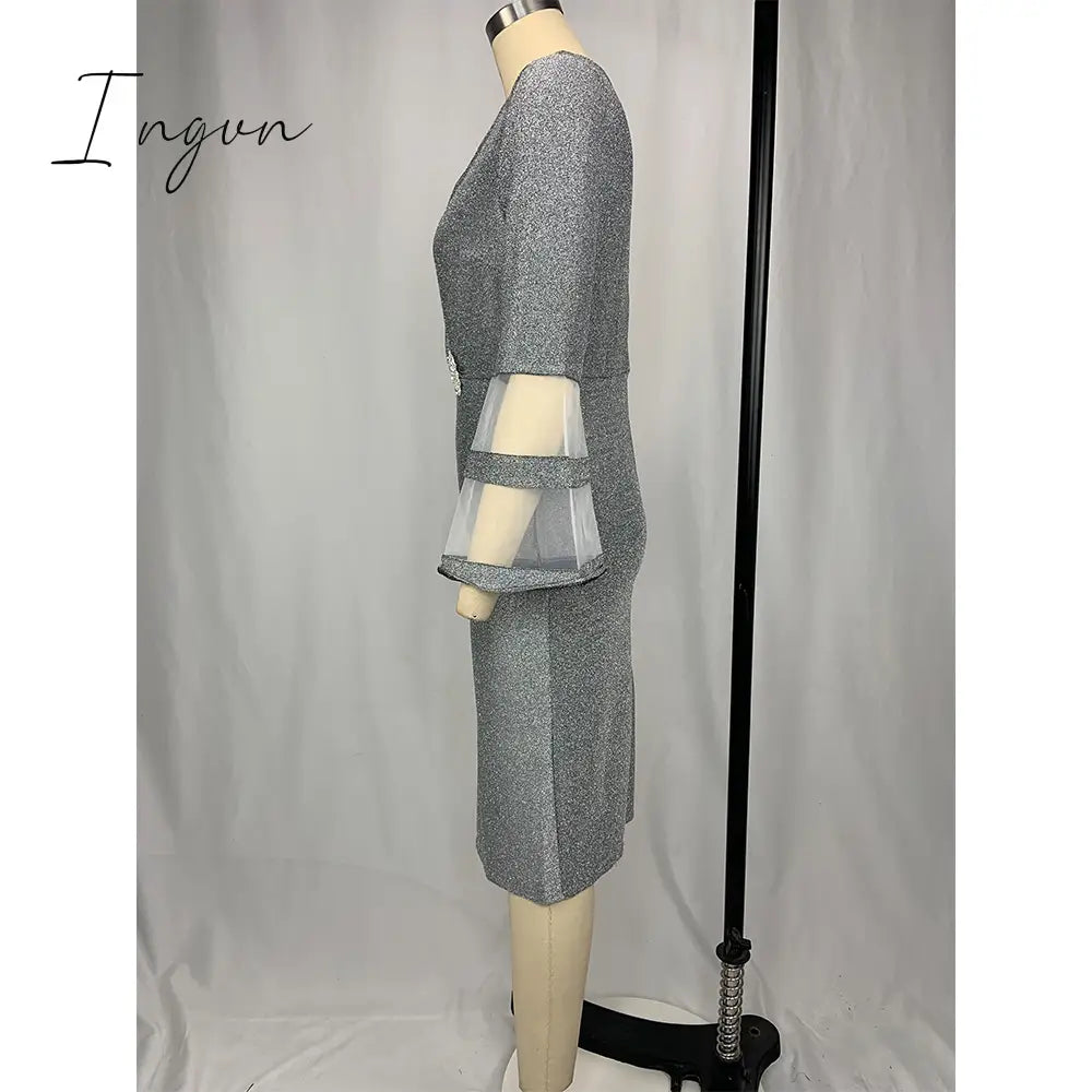 Ingvn - Plus Size Women Dresses Autumn Elegant Bright Silk Wedding Evening Birthday Party Dress V Neck Mesh Sleeve Club Outfits 8XL