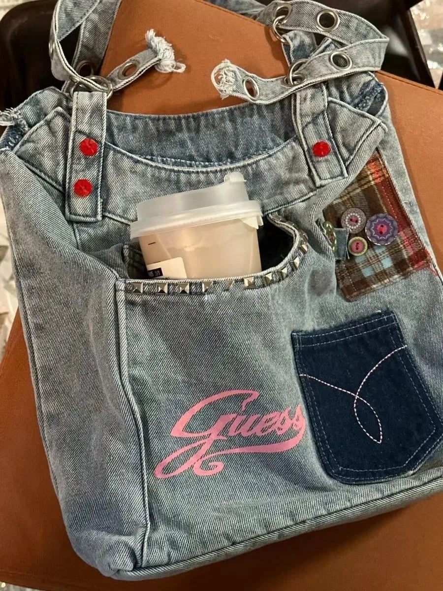 Ingvn  Korean Y2k Denim Patchwork Underarm Bag Large Capacity Shoulder Bag Women's Commuter Bag Summer Retro Denim Women's Bag