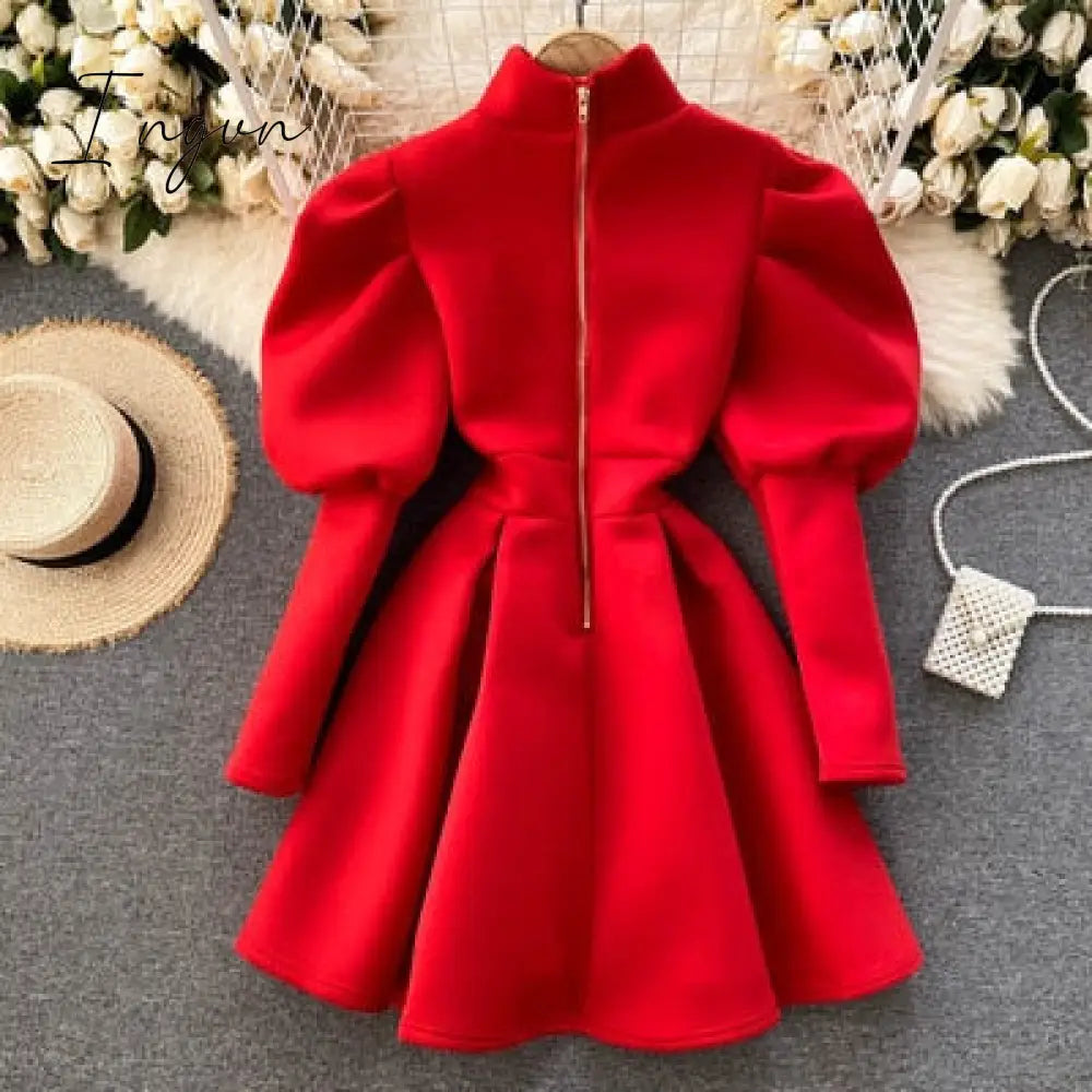 Ingvn - Autumn Winter Puff Long Sleeve Dresses For Women Party Christmas Turtleneck Slim A-Line Elegant New Year Woman Red Dress