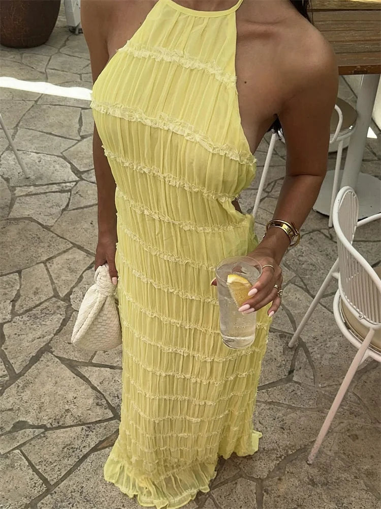 Spring Fashion Patchwork Long Dress For Women Lace-Up Backless High Waist Solid Holiday Beach Dress Ladies Maxi Dress