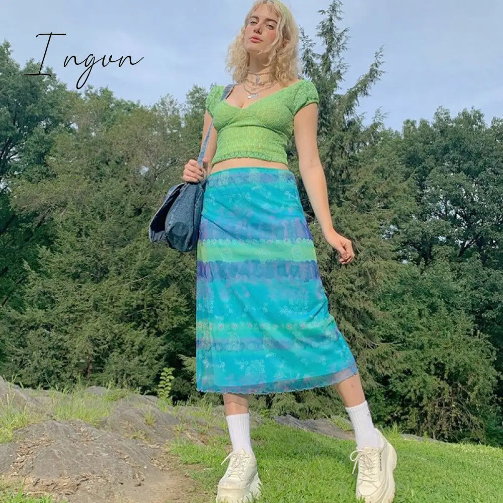 Ingvn - Autumn Fairy Grunge Long Tulle Skirts Women Kawaii Plaid Black Skirt Harajuku Low waisted Skirt Korean Fashion