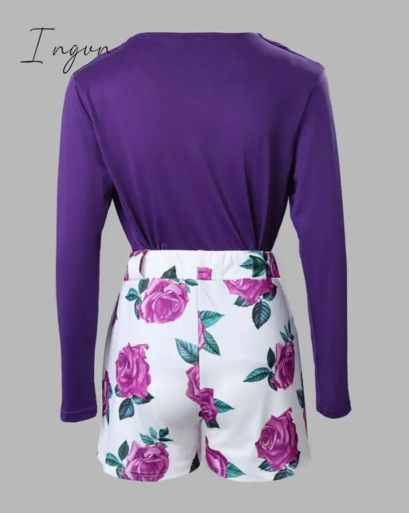 Ingvn - Spring Women Flower Printing Long Sleeve Pant Sets  2 Piece Set