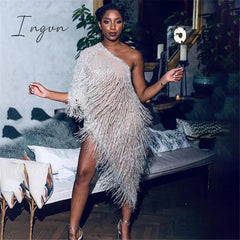 Ingvn - Elegant One Shoulder Celebrity Evening Runway Party Dress Women Fringe Tassels Asymmetrical Club Dress Robe Vestidos De Fiesta
