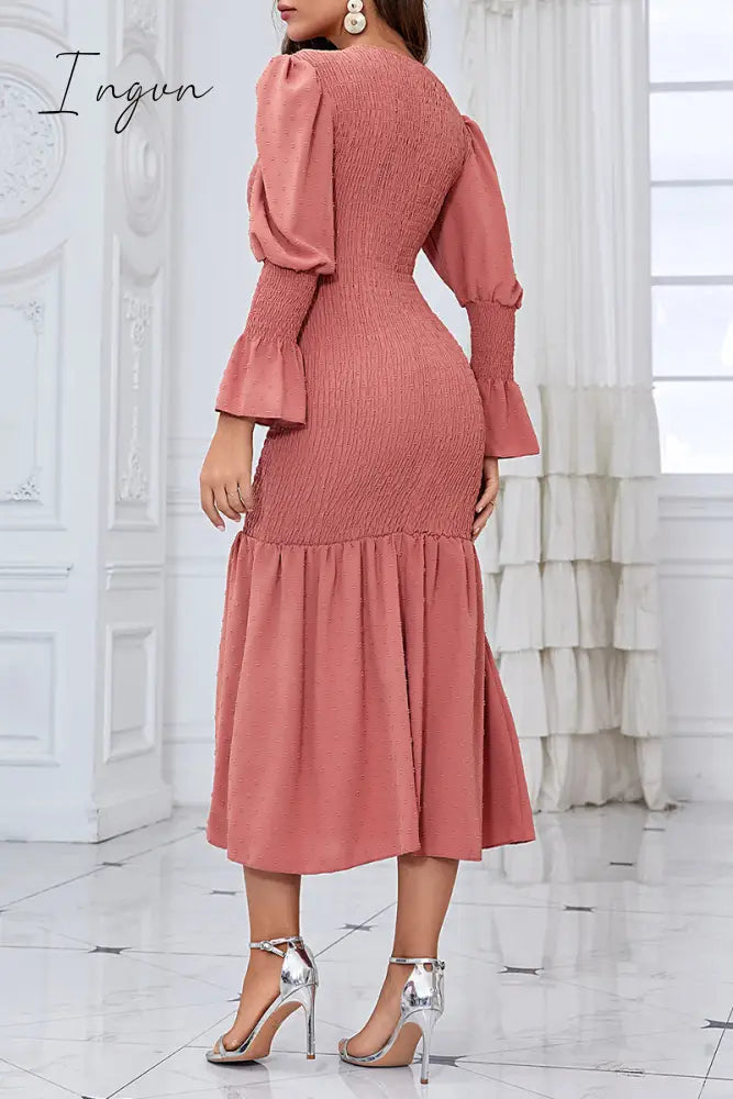 Ingvn - Elegant Solid Fold O Neck Wrapped Skirt Dresses