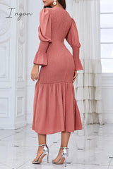 Ingvn - Elegant Solid Fold O Neck Wrapped Skirt Dresses