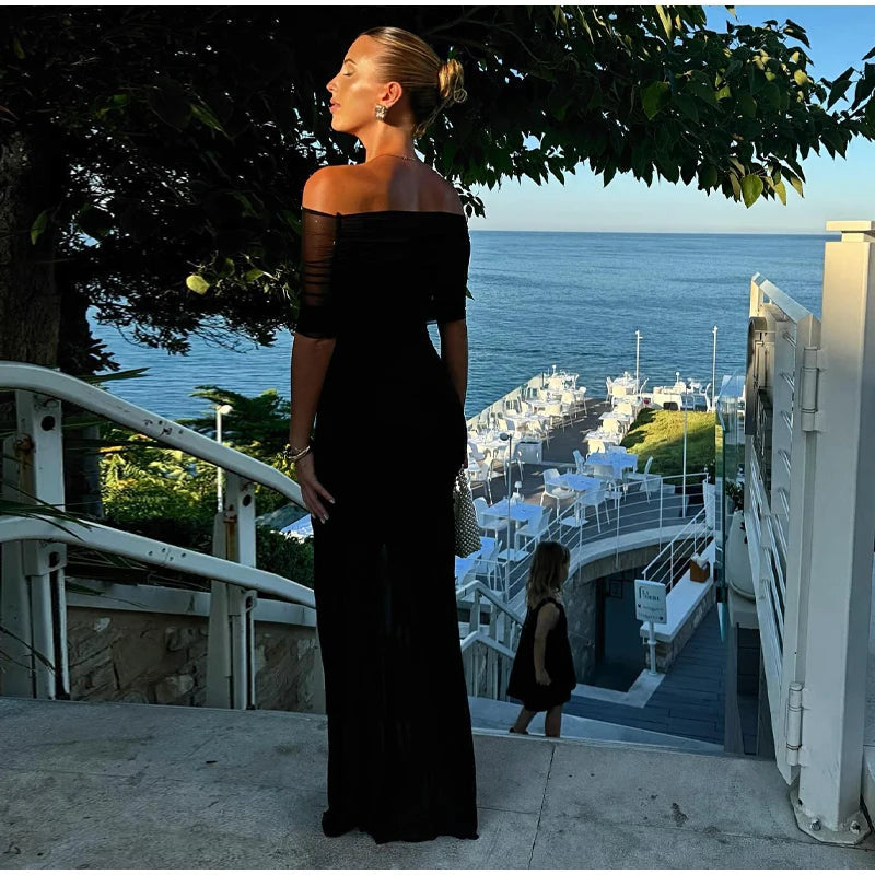 Mesh Patchwork Strapless Sexy Maxi Dress For Women Fashion Off-shoulder Backless High Waist Ruched Slim Party Dress Summer 2025