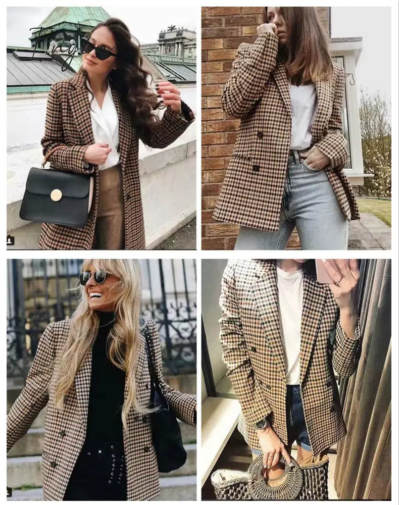 Ingvn - Fashion Autumn Women Plaid Blazers and Jackets Work Office Lady Suit Slim Double Breasted Business Female Blazer Coat Talever