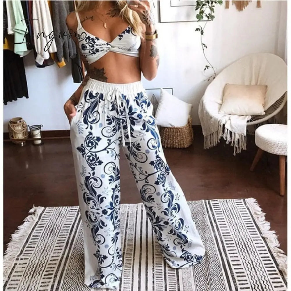 Ingvn - 2 Pecs Suit Summer Tracksuit Sets Womens Outfits Boho Beach Style Print Underwear Loose Wide Leg Pants Ropa Mujer Подходить New