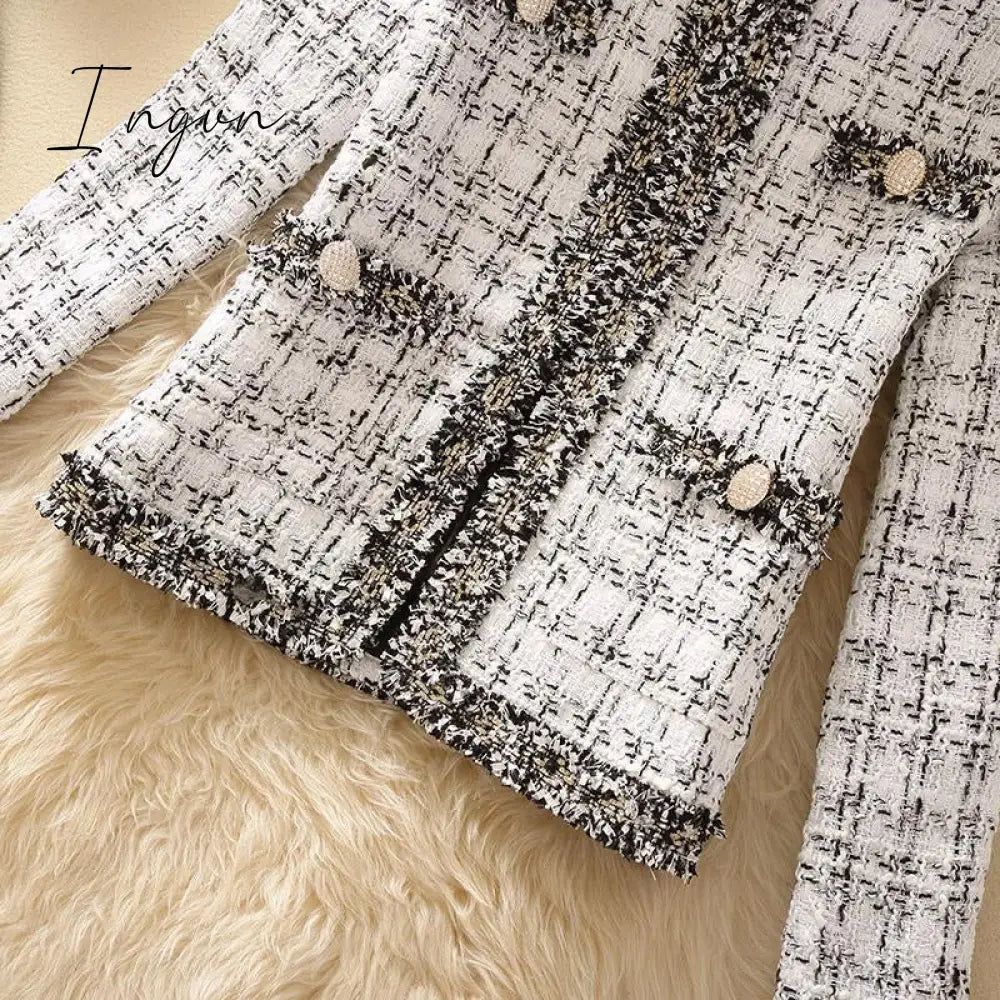 Ingvn - 2023 Trends Hot Sale Kurta For Women Cropped Tweed Coat Vintage O-Neck Open Stitch Tassel Slim Plaid Jacket Korean Blends Wool Outwear Tops Female