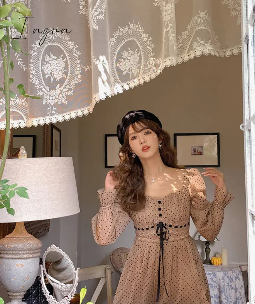 Ingvn - French Vintage Midi Dress Women Puffer Sleeve Square Collor Office Elegant Dress Female Spring Dot One Piece Dress Korean