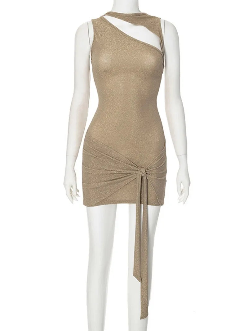 Ingvn  Women's Sleeveless Hollow Out Bandage Holiday Beach Dress Sexy O-neck High Waist Bodycon Short Vest Dresses Party Club Vestidos
