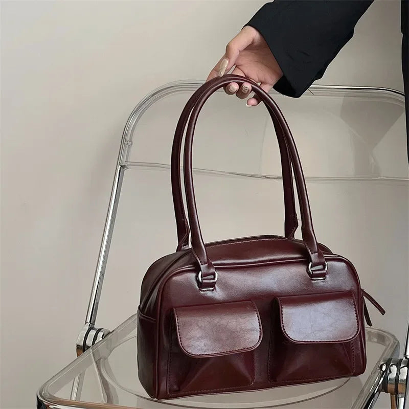 INGVN  Vintage Women Business Shoulder Bags Simple Ladies Commute Tote Bag Pu Leather Female Underarm Bag Burgundy Large Handbags Purse
