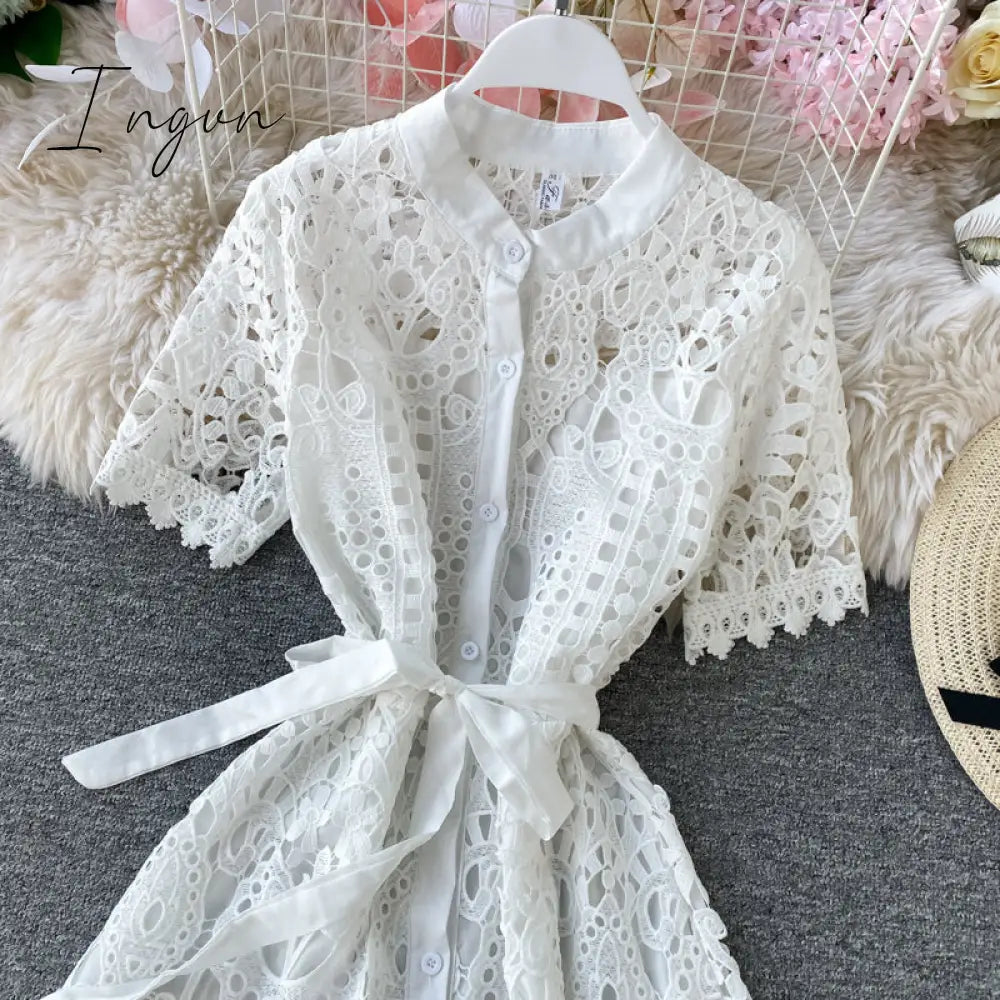 Ingvn - Women Elegant Hollow Out Lace Dress Office Lady Summer Solid O-Neck Button up Sashes Midi Dress Female Chic Short Sleeve Dress