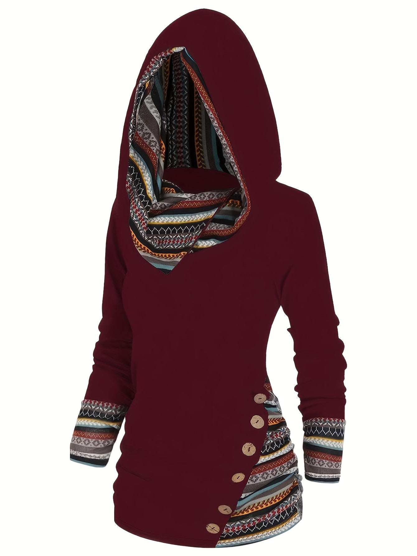 Stripe Splicing Button Decor Hoodie, Casual Long Sleeve Hoodie, Women's Clothing