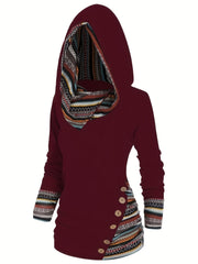 Stripe Splicing Button Decor Hoodie, Casual Long Sleeve Hoodie, Women's Clothing