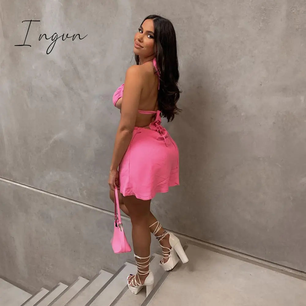 Ingvn - Halter Hollow Out Dress Women Bandage Slim Strapless Bodycon Dress Sexy Mini Backless Summer Party Dresses