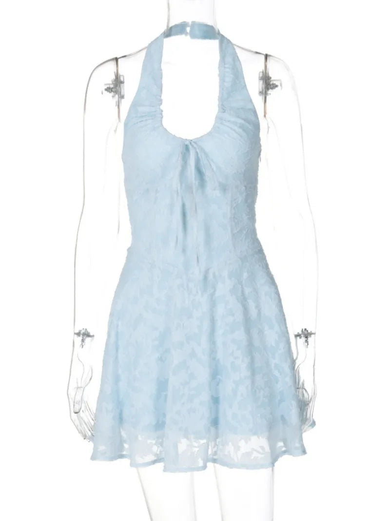 Ingvn  Woman Clothes Sexy Halter Neck Backless Floral Zip-up Blue Short Dress Female Summer Lace-up Tunics A-line Holiday Party Dresses