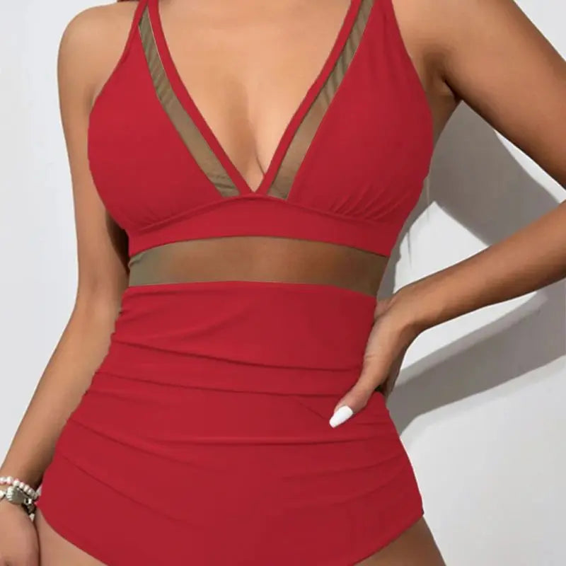 2025 Women's Beach Swimwear Solid Color Sheer Mesh Panel Plunging Neck One-piece Swimsuit