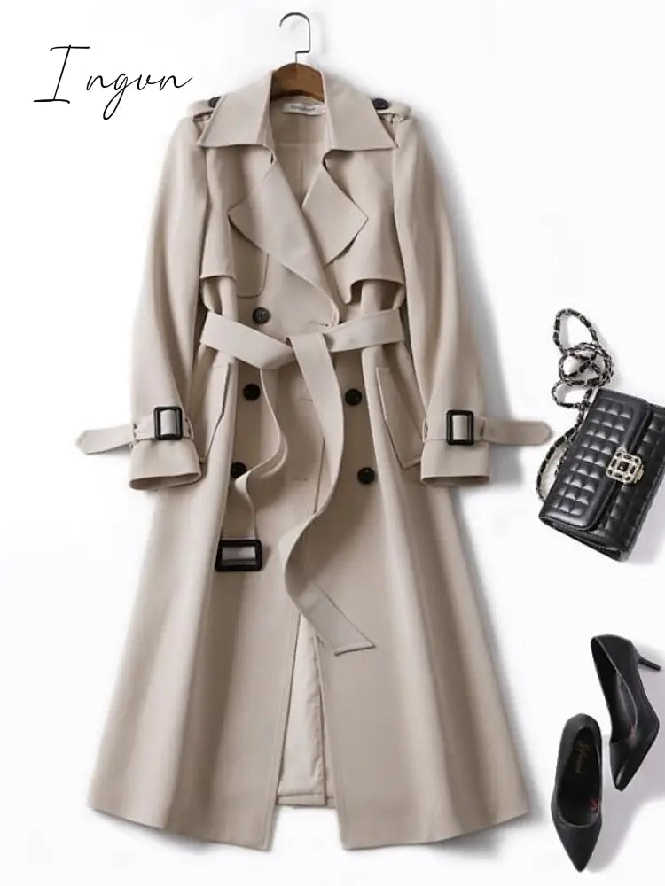 Ingvn - Women's Trench Coat Long Solid Color  Patchwork Coat Black Blue Camel Beige Daily Fall Single Breasted Regular Fit S M L XL XXL 3XL